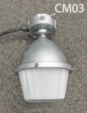 CM03-Qty-4.  Aluminum & glass.  7″D  11″H uses medium base bulb, c/w cord.