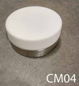 CM04-Qty-4.  Brushed metal with white glass,  8″D with medium base bulb