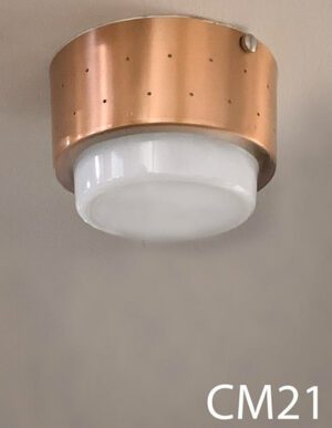 CM21-Qty-1. Vintage copper perforated base with milk white glass ceiling mount light 6"D and 4" deep