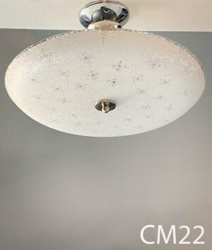 CM22-Qty-1. Off-White glass with stainless base and 3 medium base sockets. 18" D x 10" H