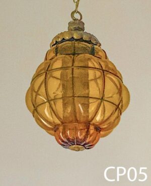 CP05-Qty-1.  Blown amber glass and metal pendant c/w chain and cord.  20"H x 12"D