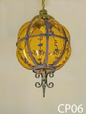 CP06-Qty-1. Blown amber glass and metal pendant c/w chain and cord.  15"H x 11"D