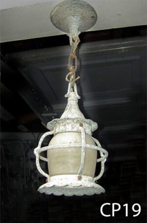 CP19-Qty-2. Off-white vintage metal pendant with chain and base. 9in H x 6in W