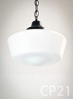 CP21-Qty-31.  Brown base with white vintage 12″ schoolhouse glass , c/w chain and cord