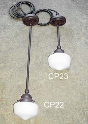 CP22-Qty-11. Brown base with stem and 6″ schoolhouse globe,  28″ total length.   CP23-Qty-8.  16″ total length.   Can be changed to all the same length.