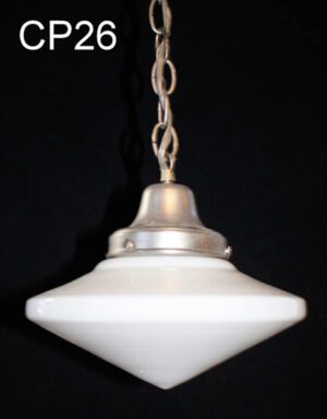 CP26-Qty-1.  White 10″ vintage glass pendant on silver chain and base c/w cord.