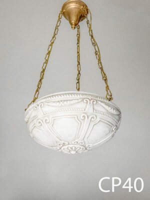CP40-Qty-5.  Brass base and chain with vintage decorated white glass, aged. 3 medium base bulbs. 16"D 30" total drop