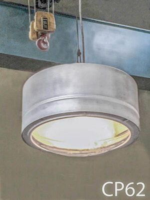 CP62-Qty-12.  Grey metal industrial pendant with rounded glass front,  hanging hook and cord. Mogul base lamps, c/w cord.25"D x 10"H
