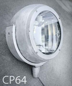 CP64-Qty-2. Grey metal 24″D with swivel mount bracket. Good for wall, ceiling or post. 20″ deep with round back, cord. Mogul base socket.  2 3/8 inside diameter of mounting bracket.