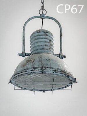 CP67-Qty-4. Blue aged pendant with glass, cage and cord. 12"D x 18"H