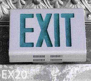 EX20-Qty-4.  Grey vintage exit with green lettering c/w cord.  120 Volt incandescent bayonet bulbs