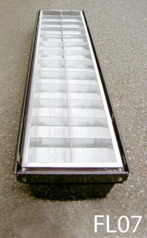 FL07-Qty-39.  Black with silver parabolic 2 lamp T12 fits 1′ x 4′ Tbar ceiling or for chain suspension, c/w cord. Led kit available