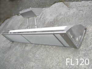 FL120- Qty-6  Grey Art deco vintage double T8 fluorescent with glass panels and cord. Led package available.