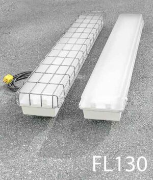 FL130-Qty-13. White 4' vapour tight fluorescent double T8 c/w cord. Cages available. Led package available.