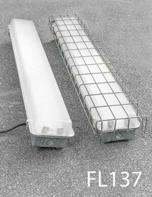 FL137-Qty-46. Grey 4' vapour tight fluorescent double T8 c/w cord. Cages available. Led package available.