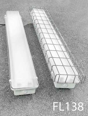 FL138-Qty-24. 4′ White 4' vapour tight fluorescent double T8 c/w cord. Cages available. Led package available.