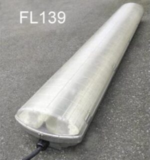 FL139-Qty-12.  Grey 4' vapour tight fluorescent double T8 c/w cord. Cages available. Led package available. Same style as FL139A- 50 1/2" x 6 3/4" x 4"deep