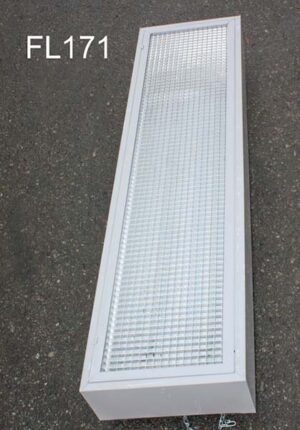 FL171-Qty-6.  Off white 1′ x 4′ surface or chain hung 3″ deep 1/2″ x 1/2″ silver egg crate 2- T8 lamps.  c/w cord. Led package available.