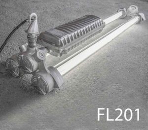 FL201-Qty-9. Industrial explosion proof vintage fluorescent with glass tubes 4ft -2 lamp T12. Hybrid 24 volt Led’s built in There is a hook on each end of light for hanging. c/w cord.