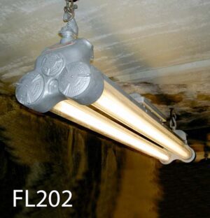 FL202-Qty-8. Grey vintage industrial explosion proof  fluorescent with glass tubes 4ft- 2 lamp T12 c/w cord. Led package available.