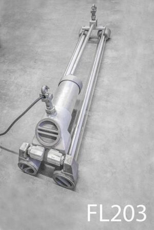 FL203- Qty-18. Grey vintage industrial explosion proof vintage fluorescent with glass tubes 4′ double T12 c/w cord. Led package available.