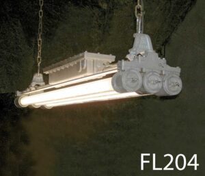FL204-Qty-13- Grey vintage industrial explosion proof  fluorescent with glass tubes 4ft- 3 lamp T12 c/w 2 ballasts and cord. Led package available.