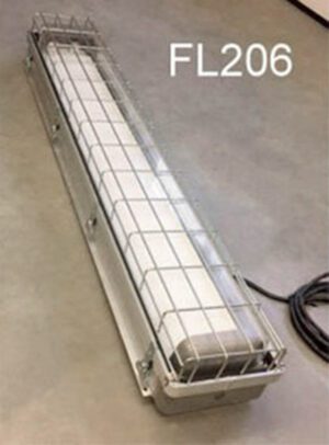 FL206-Qty-16- Aluminum industrial 4' T8 double fluorescent with clear lens, cage and cord for surface or chain installation. Led package available.