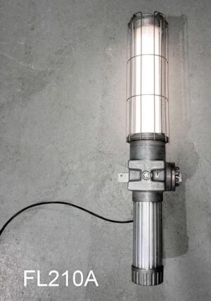 FL210A-Qty-8- Aluminum vintage industrial Explosion proof light. Has hybrid Led’s built in c/w power supply. Cage is removable. 33in Long. c/w cord.