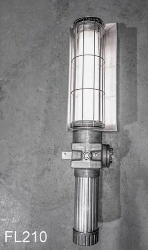 FL210B-Qty-8. Same light as FL210A but pictured with reflector. Has hybrid Led’s built in c/w power supply. Cage is removable 33in Long, c/w cord.