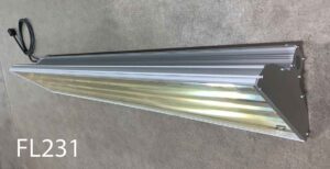 FL231- Qty-50. Aluminum 4", 2 or 4 lamp T5, c/w plexiglass lens and cord. Led package available. 9″ wide x 48″ long