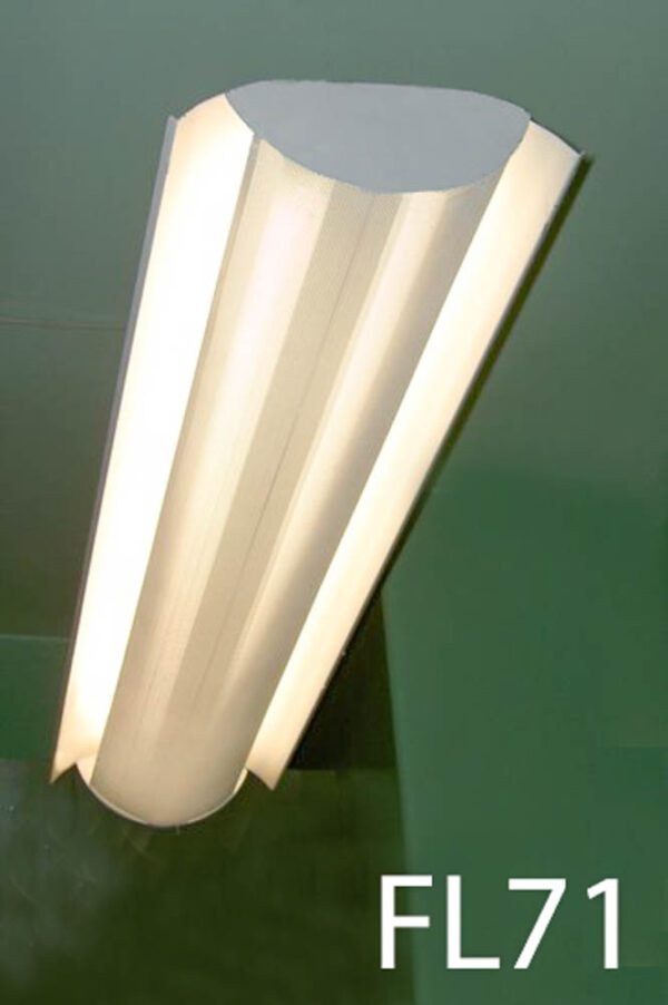 FL71 - Qty - 9. Off white 4ft 2 lamp T8 fluoro with curved perforated metal front c/w cord. Led package available.