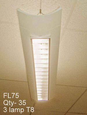 FL75-Qty-35- Curved off-white 3 lamp 4' fluorescent with silver  louvers and cord.  Led package available. 62in L x 9in W. These can be installed for continuous lighting by removing end section and screwing together.