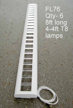 FL76 - Qty- 6 - 8ft long off-white with silver louvers and cord. Uses 4- 4ft T8 lamps. Led package available.