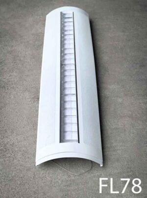 FL78-Qty-18 White curved front fluorescent with silver baffle, perforated sides, aircraft cable on ends for attaching and 5 wire cable. Light comes with 3- 4’ led Hybrid 24 volt strips,  one in centre down and two side lights that are adjustable for up or down. Control via a 5 wire for individual control of tungsten or daylight for centre and side lighting individually. Lights can be installed continuous across room. 11”W x 49 1/4”L