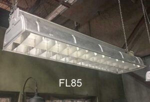 FL85 - Qty - 2. Aluminum vintage louvered 4ft 2 lamp T12. c/w cord. Led package available.