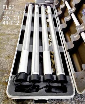 FL92-Qty-21. 4ft- T12 Tent lights c/w green suspending harness and lights can be installed in daisy-chain style. Comes with cool white lampc/w cord.  Led package available.