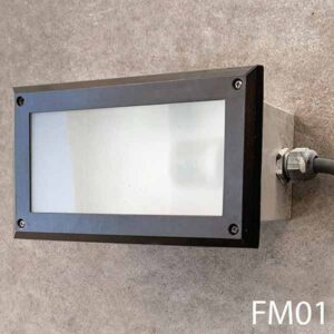 FM01-Qty-18.  Brown metal flushmount foot light.  9″ x 5″ c/w cord. Medium base bulb.