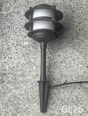 GL26-Qty-4.  Black Garden lights 16"High,  c/w 50′ of wire. Lights can be attached anywhere along the 50′. Power supply incl.