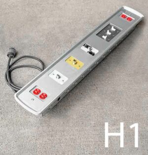 H1-Qty-2. Grey hospital panel with 3 medical outlets, 3 switched and 2 plugs c/w cord. 38″ W x 6″ H x 3 1/2″ Deep.
