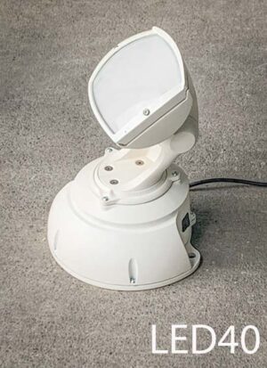 LED40-Qty-8. Light beige metal light for wall or ceiling with swivel and tilt for adjustable LED light, tungsten or daylight leds(switched on side). 12″ H x 9 1/2″ wide c/w power supply and cord.