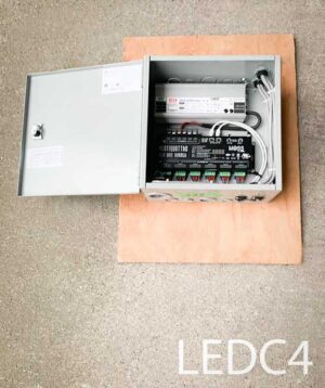 LEDC4-Qty-2. 13.3 amp 24 volt power supply with 24 circuit 4 amp per channel dimming decoder in hinged metal box.