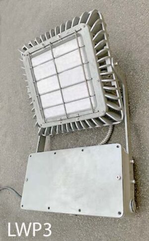 LWP3-Qty 9. Grey metal LED light with adjustable head. The Led’s are tungsten or daylight and are very bright which are chosen by a switch on side. Measures 14″ W x 24″ H. come with cord and power supply.
