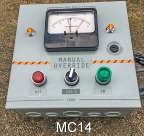 MC14-Qty- 2. Grey hinged metal box with switch, lights, gauge 10" x 10"