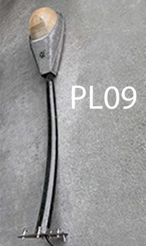 PL09-Qty-1. Aluminium vintage cobra head on black steel arm. 120 Volt with medium base socket. 76" long, c/w cord.
