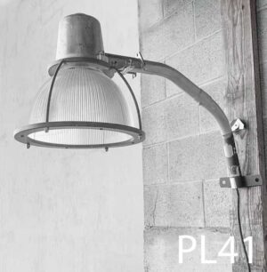 PL41-Qty-3. Aluminum arm with 12"D grey and glass down light, c/w cord and medium base socket.