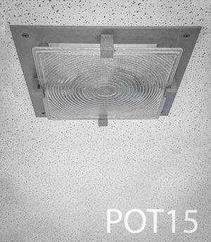 POTL15-Qty-11. Grey metal pot light 8" square opening with fresnel lens. Lit with 18 watt (150 Watts) 3000K leds 12 volt  c/w cord.