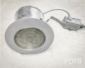 POT8-Qty-2. Grey 6″ vintage pot light c/w glass front and cord. screw in medium base light bulb.