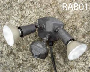RAB01-Qty-3.  Brown adjustable double head c/w motion sensor, box and cord