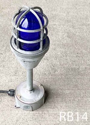RB14- Qty-25. Grey with blue glass and cage. Freestanding light with  box, stem and 120V cord. 16 ½” H Medium base socket- Helicopter pad- Airplane runway