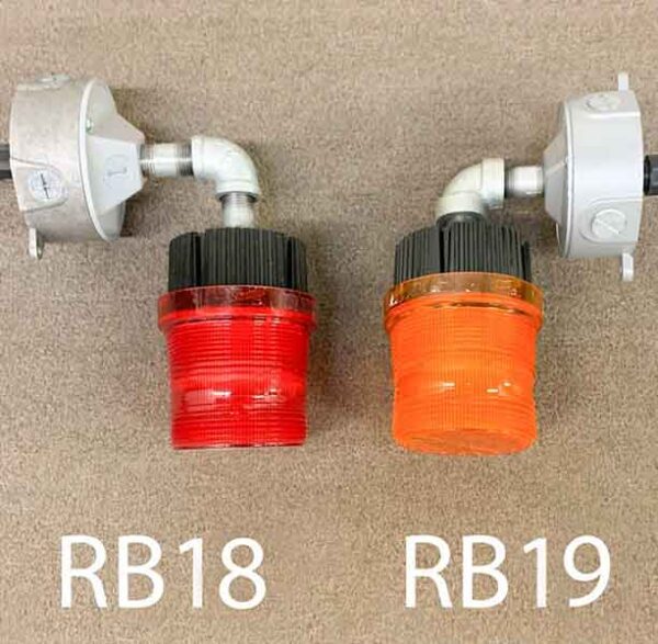 RB18- Qty- 7. Red flashing light 10"H c/w cord. RB19- Qty-10. Amber flashing light 10"H c/w cord